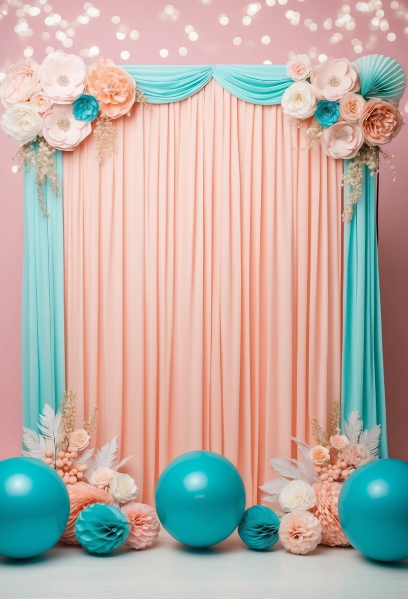 A pastel peach and teal photo booth backdrop with decorative elements for a wedding