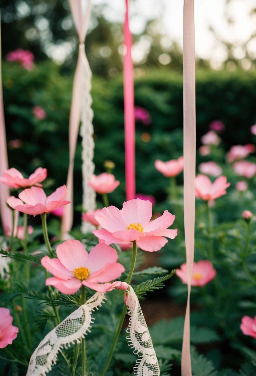 A whimsical garden setting with pink flowers, flowing ribbons, and delicate lace details