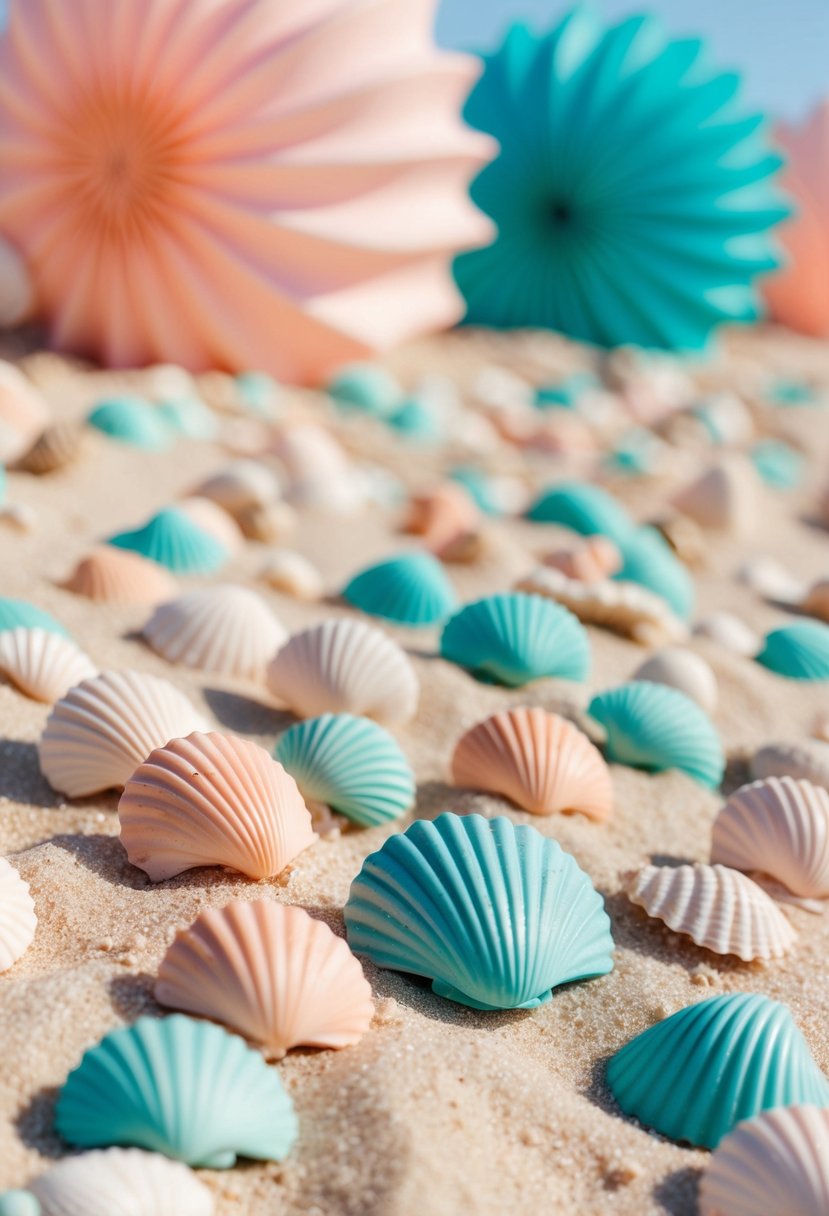 A beach scene with pastel peach and teal seashells scattered on sandy shore, surrounded by peach and teal decor