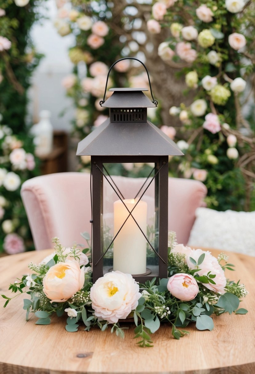 A rustic lantern sits atop a wooden table surrounded by pastel flowers and greenery, creating a cozy and romantic spring wedding decor display