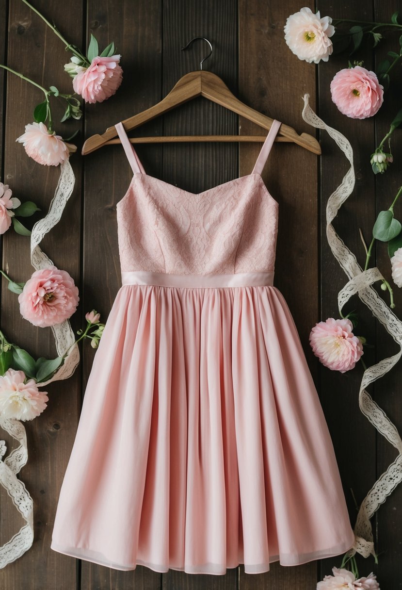 A blush pink dress hanging on a rustic wooden hanger surrounded by soft pink flowers and delicate lace ribbons