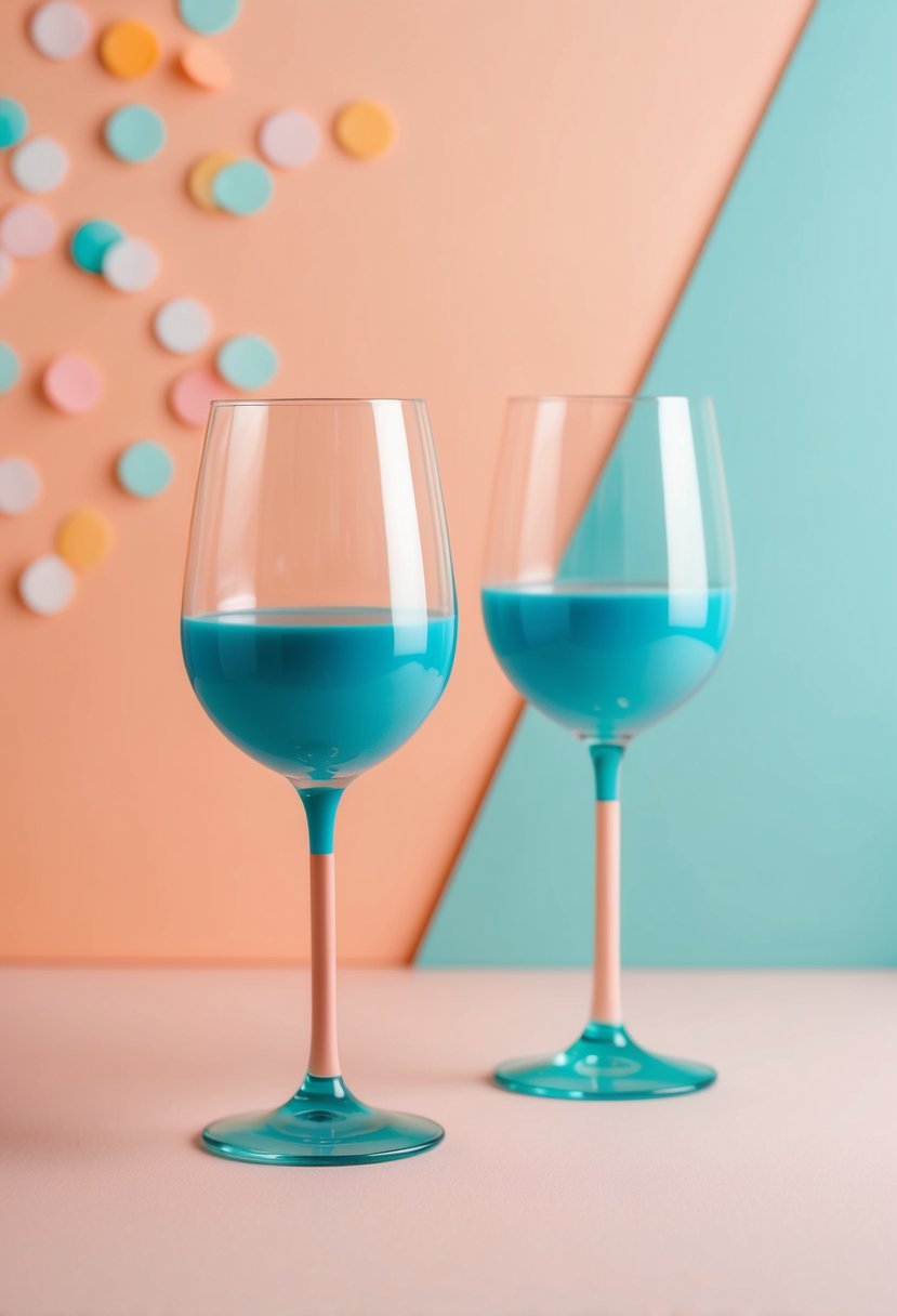 Two teal wine glasses with pastel peach stems, set against a peach and teal backdrop