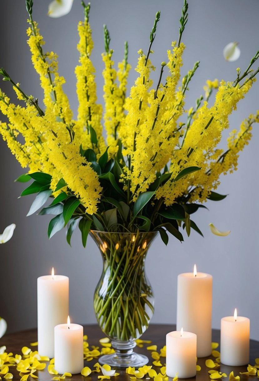 A lush bouquet of bright yellow forsythia stems arranged in a tall glass vase, surrounded by delicate white candles and scattered petals