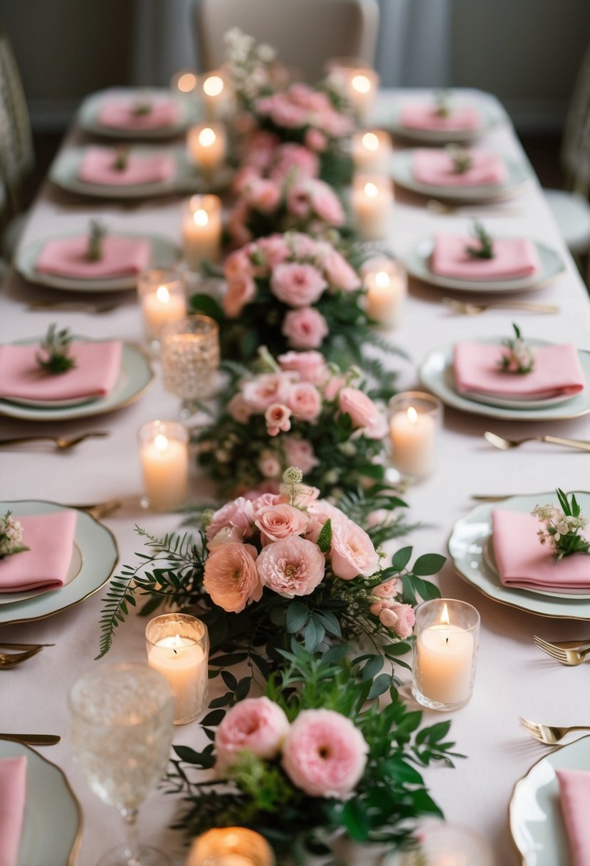 A table adorned with pink floral centerpieces, surrounded by delicate greenery and soft candlelight