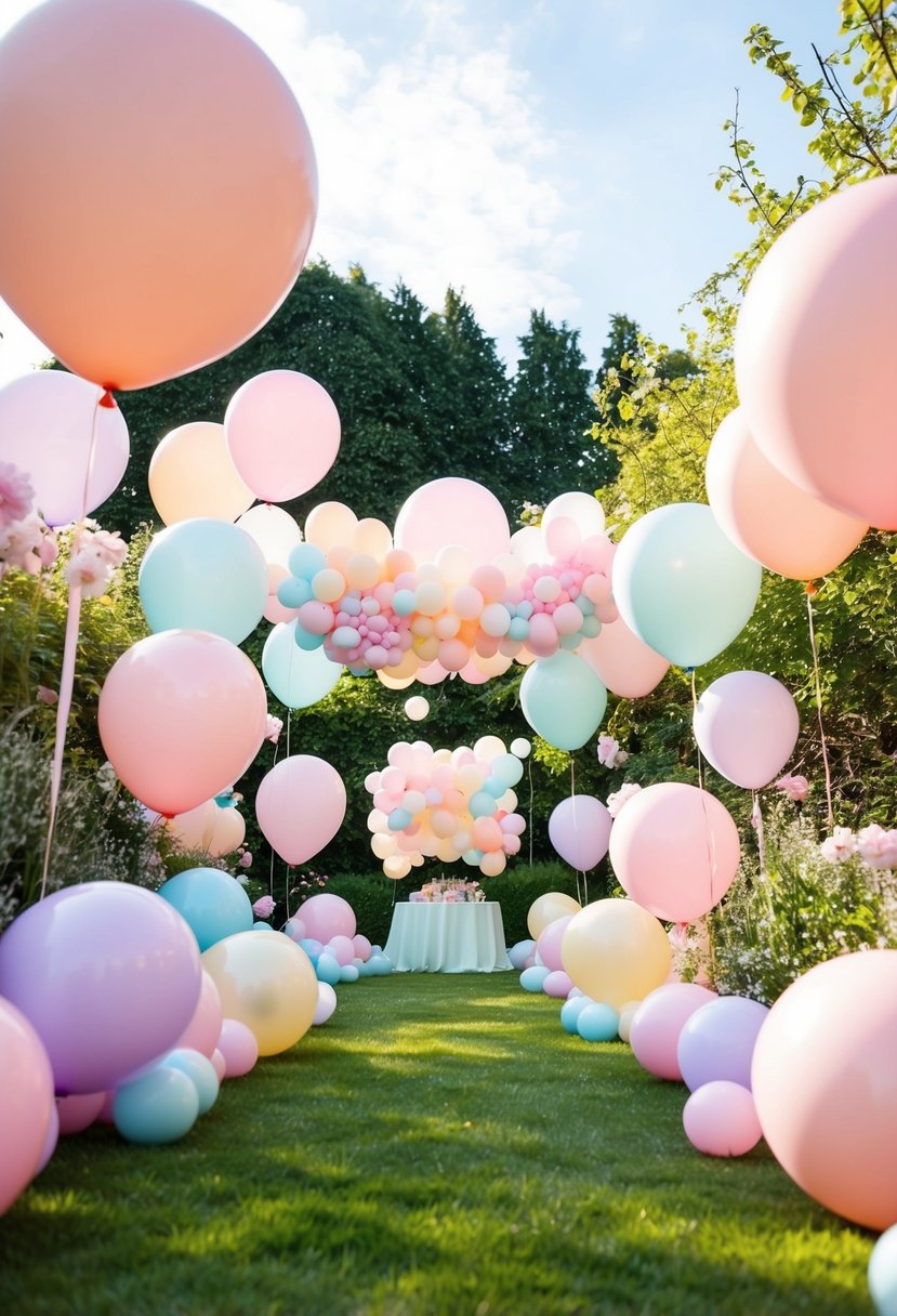 A garden filled with pastel balloon installations, creating a whimsical and romantic atmosphere for a spring wedding