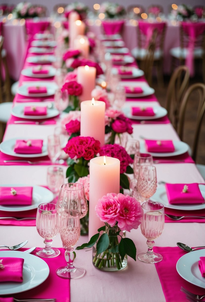 A table set with pink table runners, adorned with pink flowers and candles, creating a romantic and elegant ambiance for a pink-themed wedding