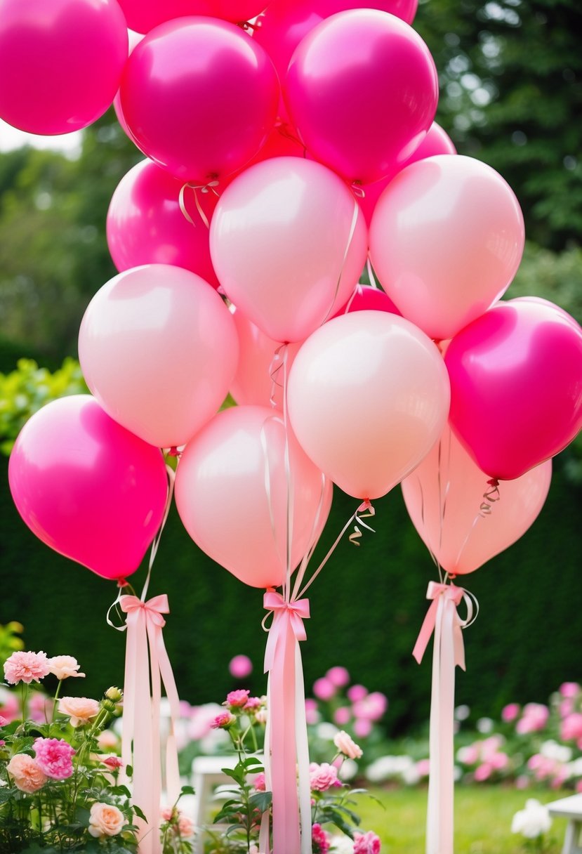 A garden adorned with pink balloons, ribbons, and flowers for a romantic pink wedding theme