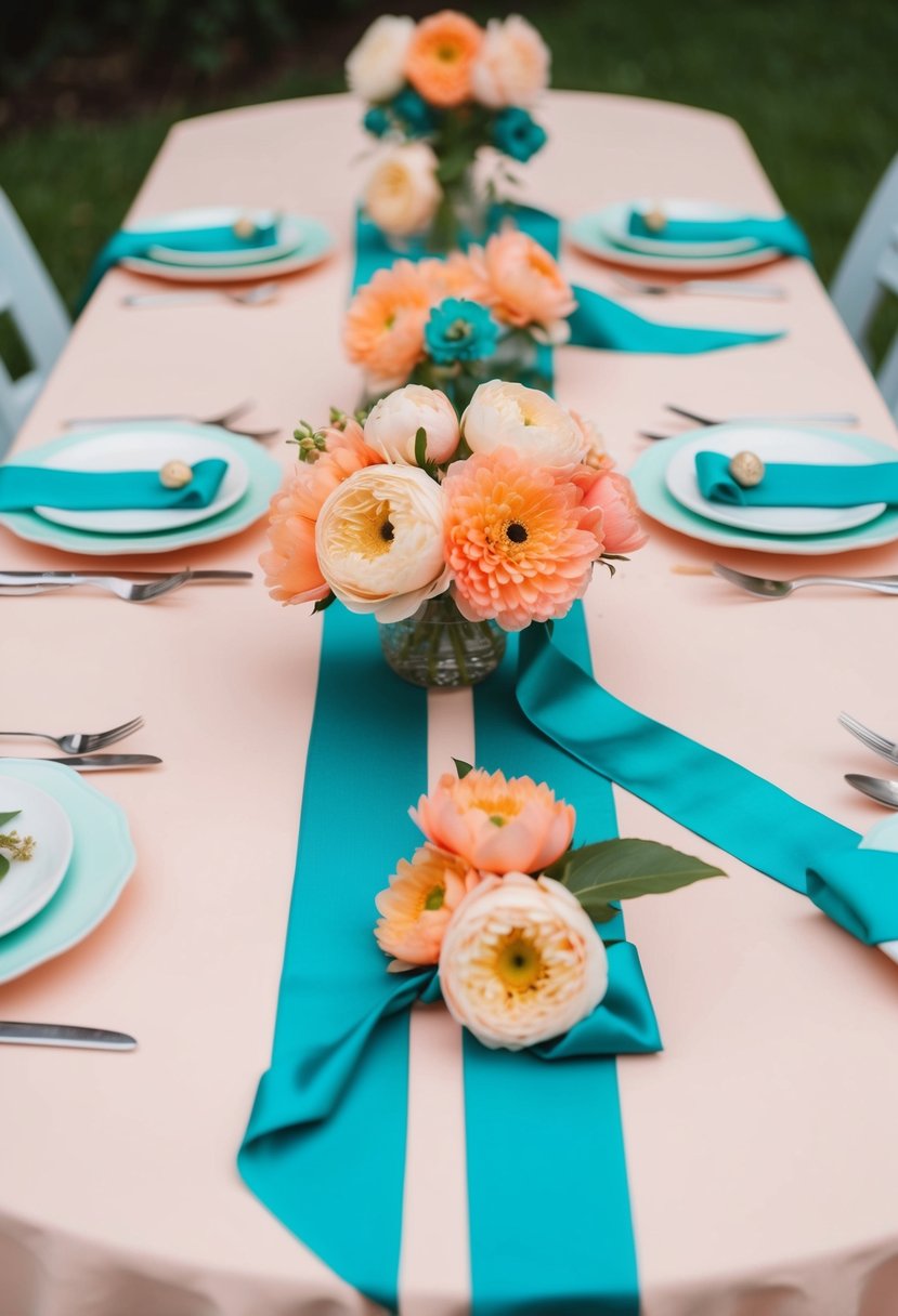 Peach flower crowns with teal ribbons adorn a pastel wedding table