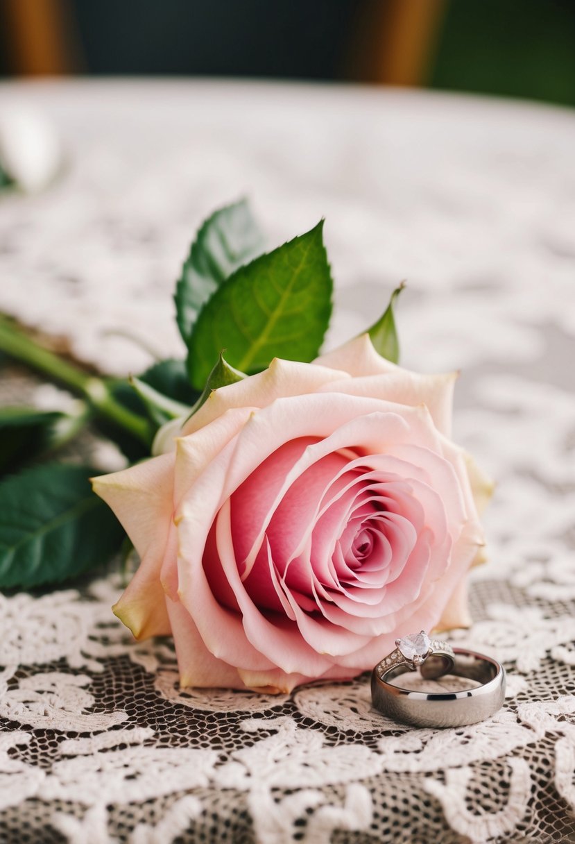 A soft pink rose bouquet sitting on a lace tablecloth with a pair of elegant wedding rings placed beside it