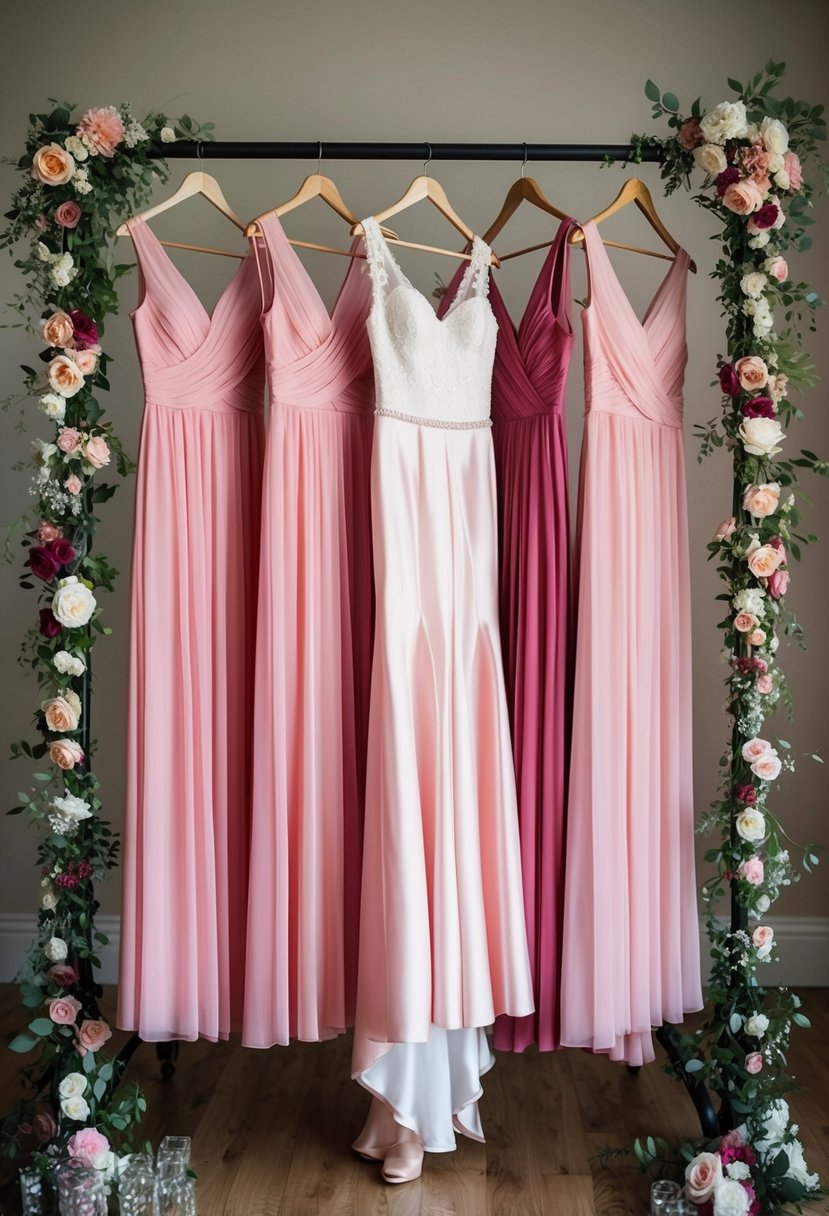 A group of pink bridesmaid dresses hanging on a clothing rack, surrounded by floral decorations and wedding accessories