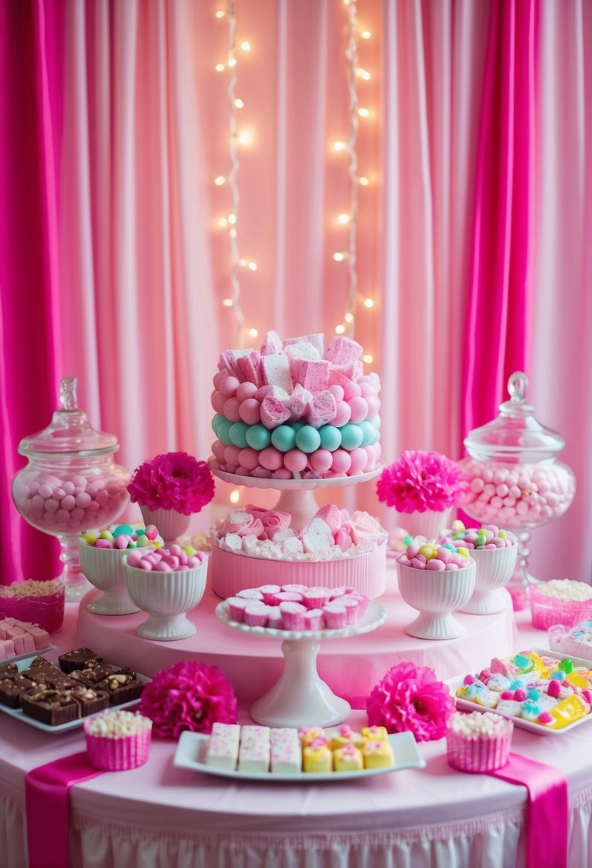 A pink candy bar with assorted sweets and treats, decorated with pink flowers and ribbons, set against a backdrop of pink drapery and twinkling lights