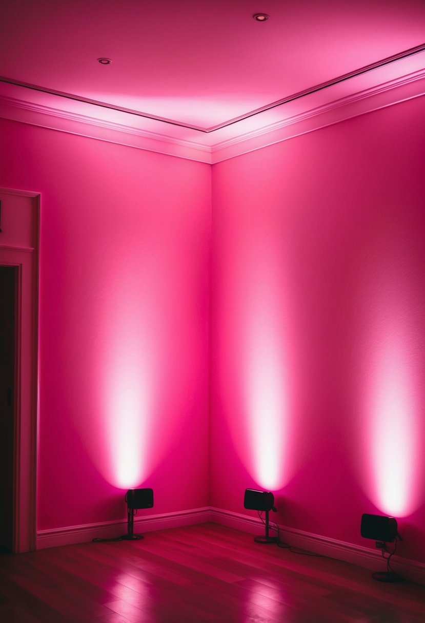 A dimly lit room with pink uplighting casting a warm glow on the walls, creating a romantic and elegant ambiance for a pink-themed wedding