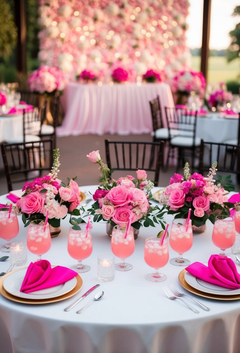 A table adorned with pink signature cocktails surrounded by pink floral arrangements and decor, set against a backdrop of a romantic wedding venue