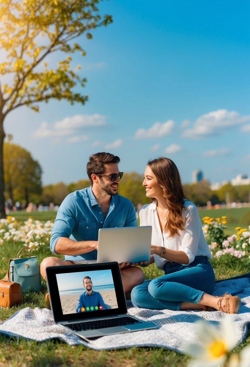 A couple picnicking in a sunny park, surrounded by blooming flowers and a clear blue sky. A laptop sits on a blanket, showing a video call with a beach background