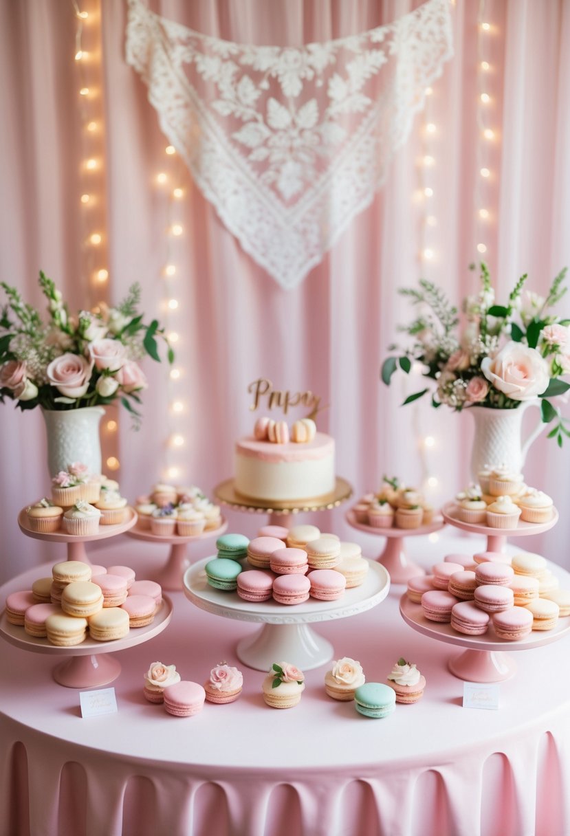 A pink dessert table adorned with pastel macarons, cupcakes, and floral arrangements. A soft, romantic backdrop with delicate lace and twinkling fairy lights