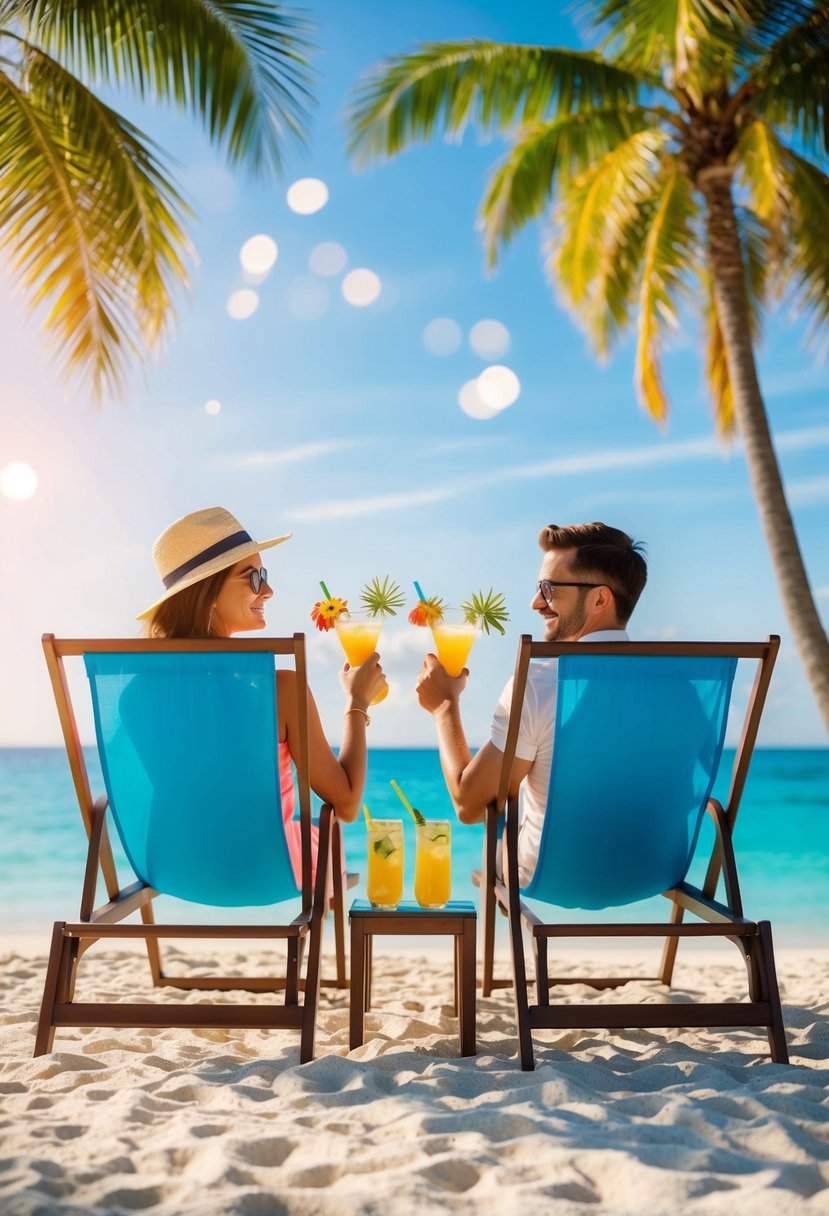 A couple lounges on virtual beach chairs with palm trees and clear blue water in the background, while sipping tropical drinks and enjoying the summer sun