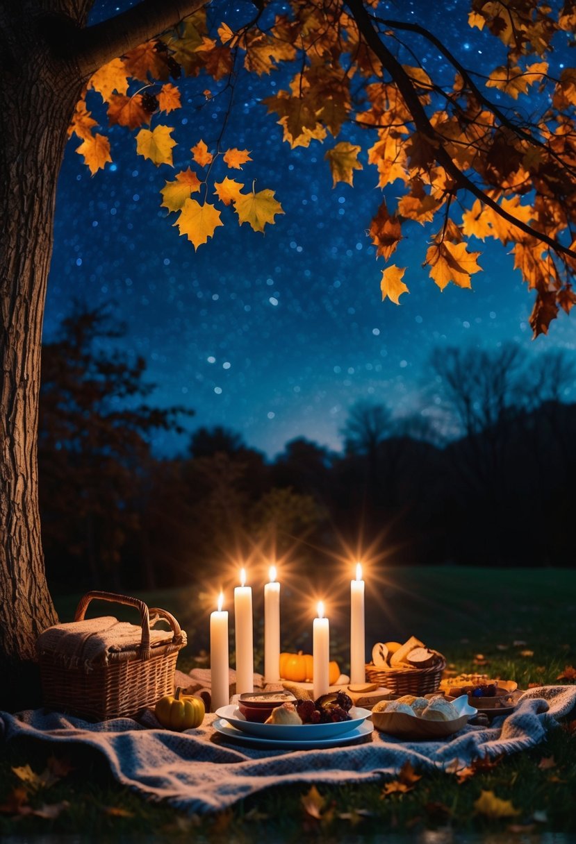 A cozy picnic under a tree with a blanket, candles, and a basket of food, surrounded by autumn leaves and a starry night sky