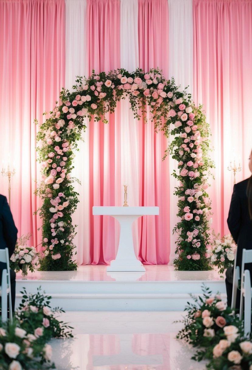 A pink floral arch frames a white altar against a backdrop of flowing pink drapes, creating a romantic setting for a wedding ceremony