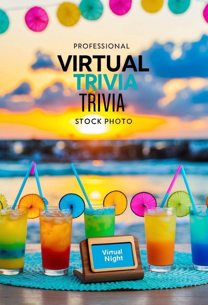 A colorful virtual trivia night scene with beach-themed decor, tropical drinks, and a sunset backdrop