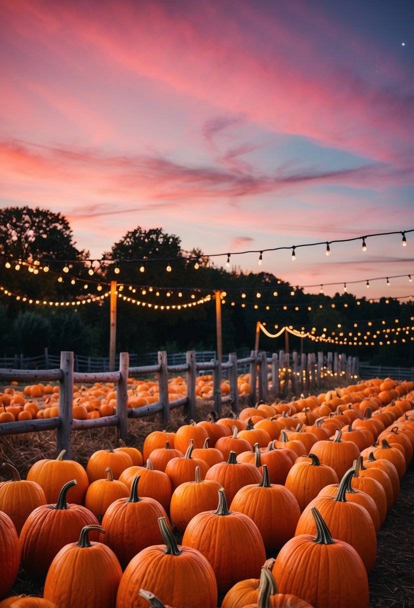 A cozy pumpkin patch at dusk, with rows of vibrant pumpkins under a pink and orange sky, surrounded by rustic wooden fences and twinkling string lights