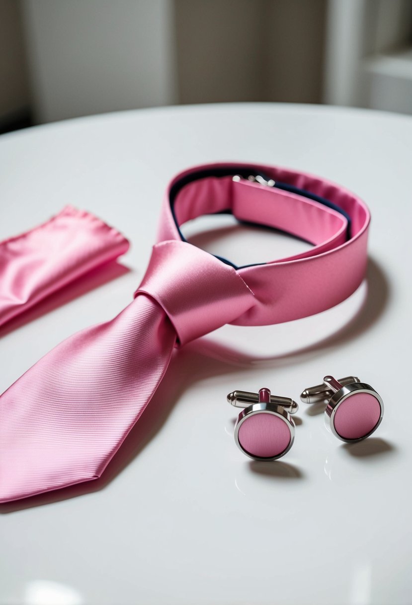 A pink wedding theme with groom accessories like a pink tie, pocket square, and cufflinks laid out on a white table