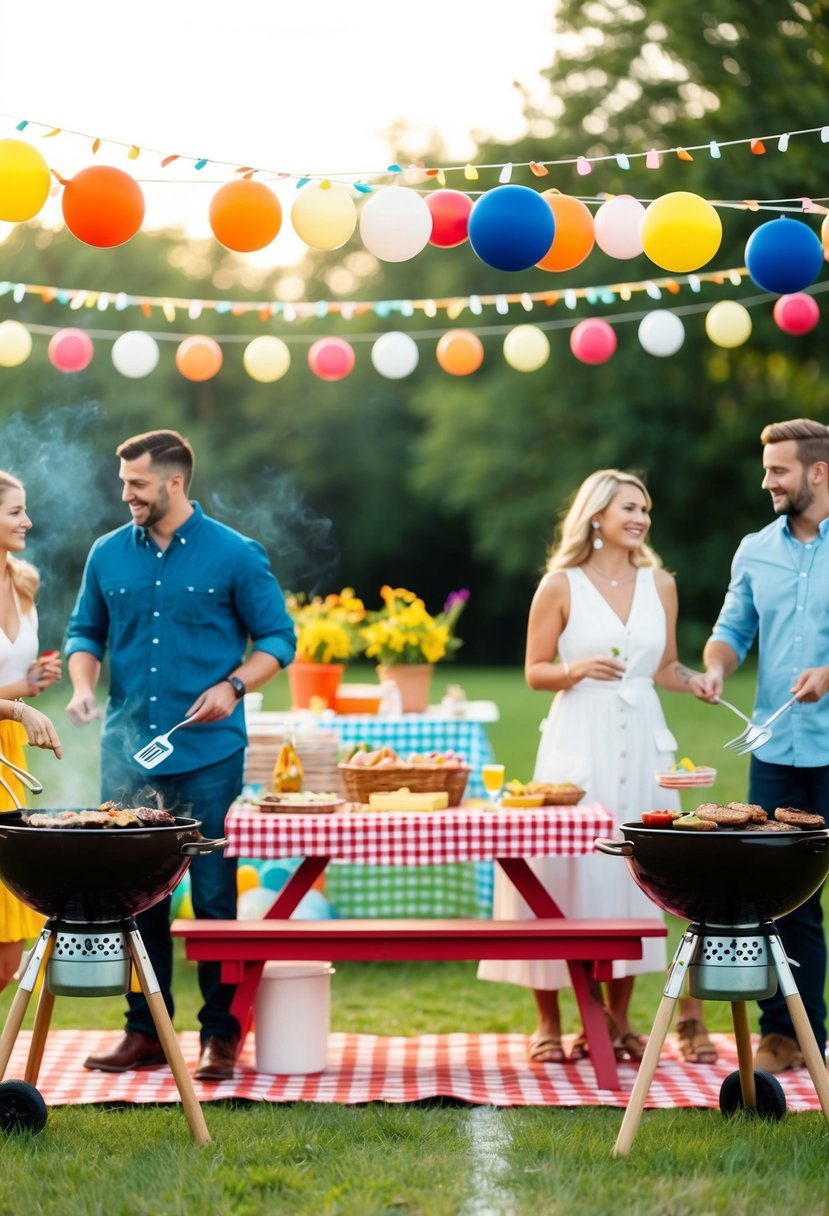 A colorful virtual barbecue cook-off with couples grilling, picnic tables, and summer decorations