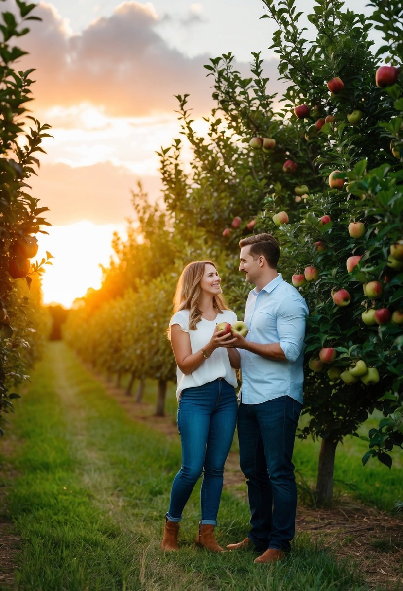 A couple picks apples under a golden sunset in a lush orchard