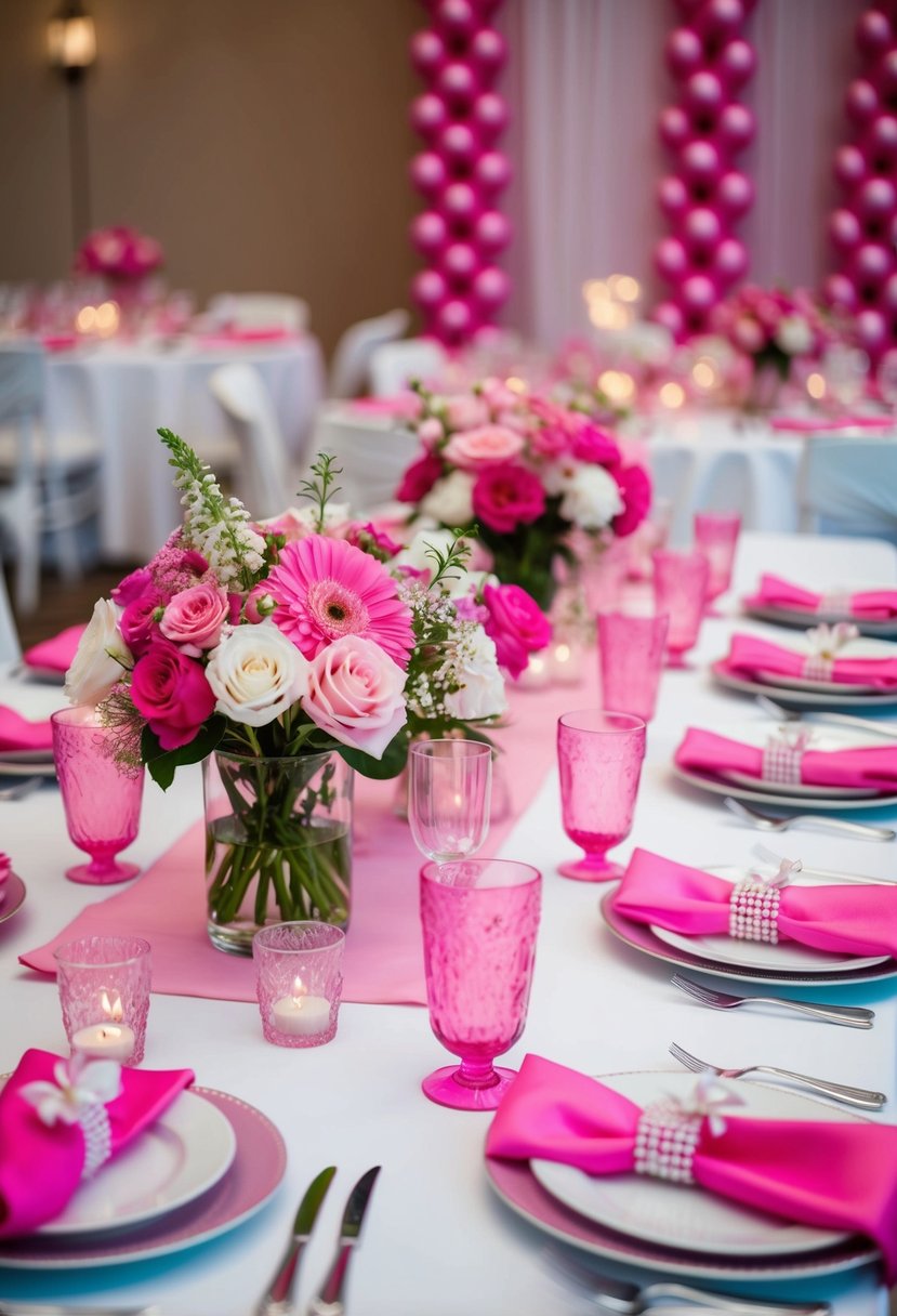 A table adorned with pink guest favors, floral centerpieces, and pink-themed decor for a wedding reception