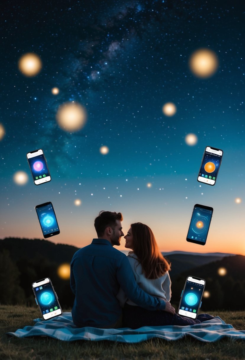 A couple sits on a blanket under a starry sky, surrounded by glowing smartphone screens displaying astronomy apps