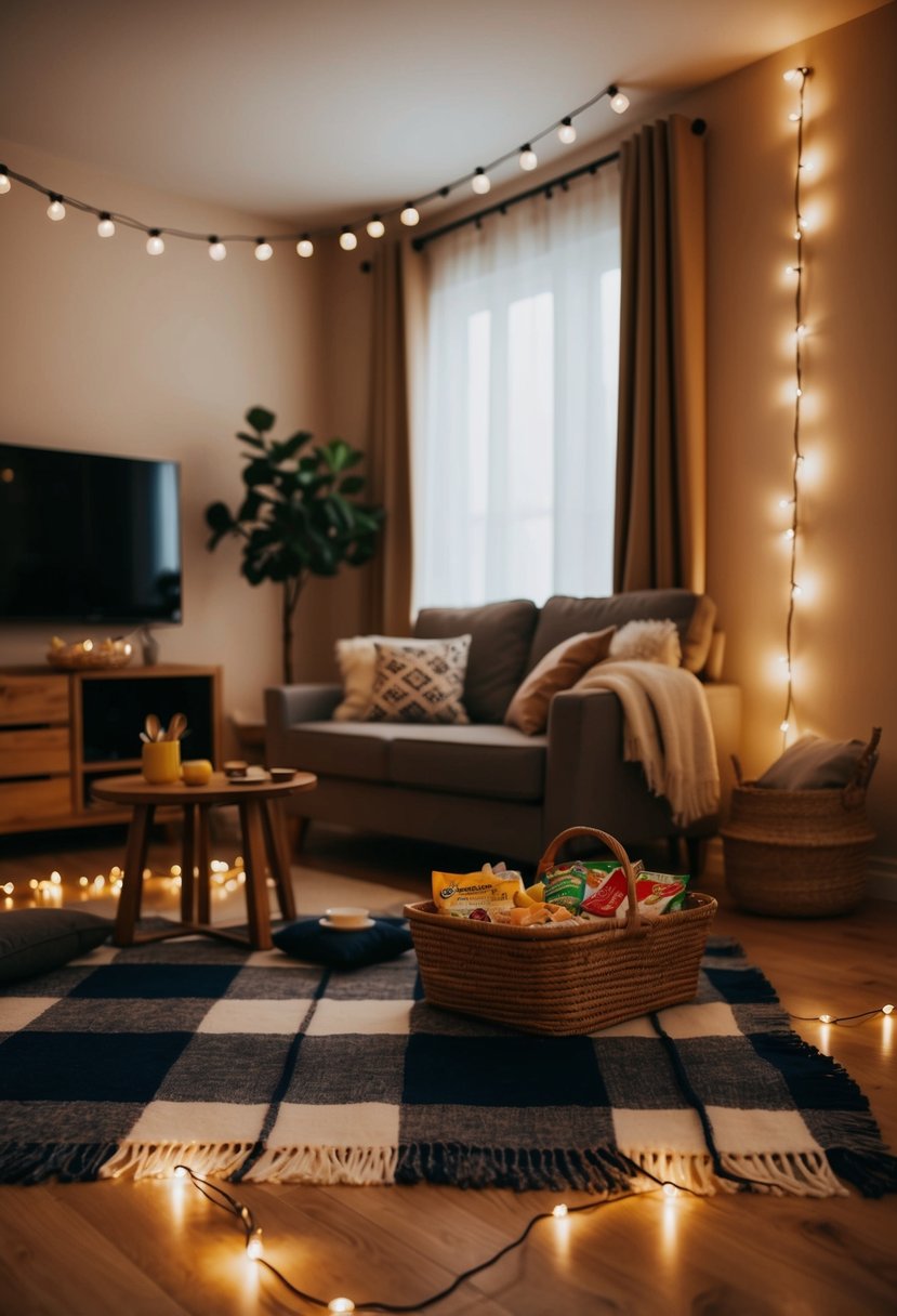 A warm, inviting living room with a plaid blanket spread on the floor, a basket of snacks, and soft string lights creating a cozy atmosphere