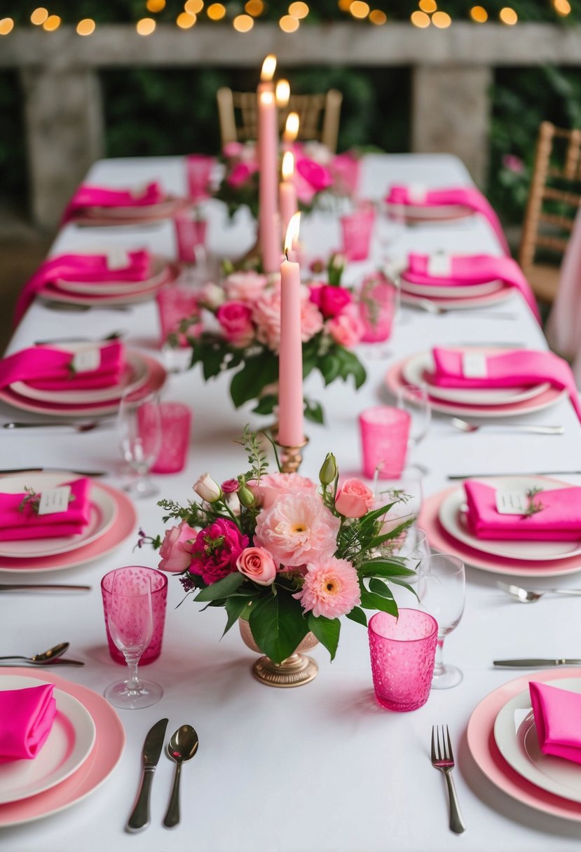 A table set with pink napkins, plates, and linens, adorned with pink flowers and candles for a romantic wedding theme