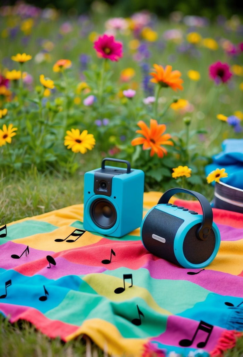 A colorful picnic blanket with scattered music notes, surrounded by vibrant summer flowers and a pair of wireless speakers playing upbeat tunes