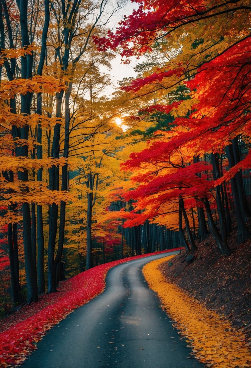 A winding forest path with vibrant red, orange, and yellow leaves under a golden sunset