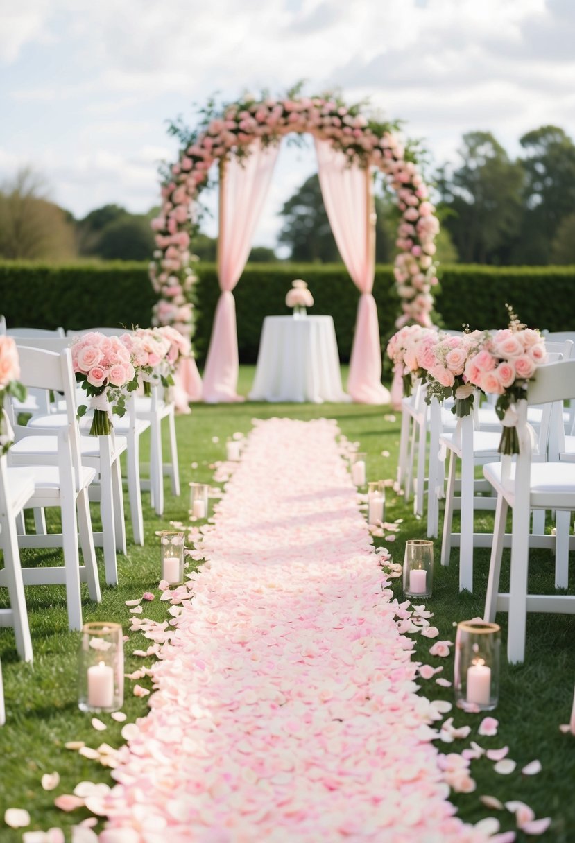 A pink aisle lined with scattered rose petals, leading to an elegant wedding arch adorned with pink flowers and draped fabric