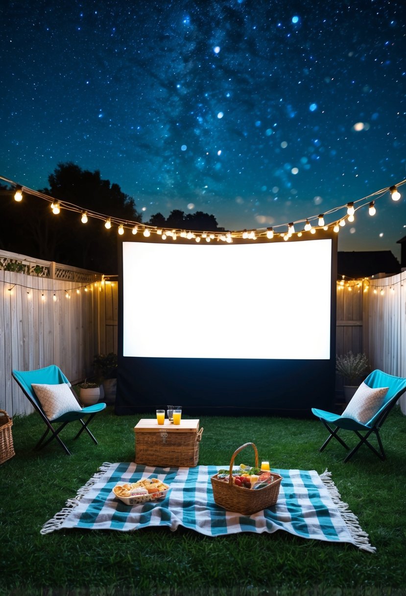 A cozy backyard set up with a large screen, string lights, picnic blanket, and a basket of snacks under a starry night sky