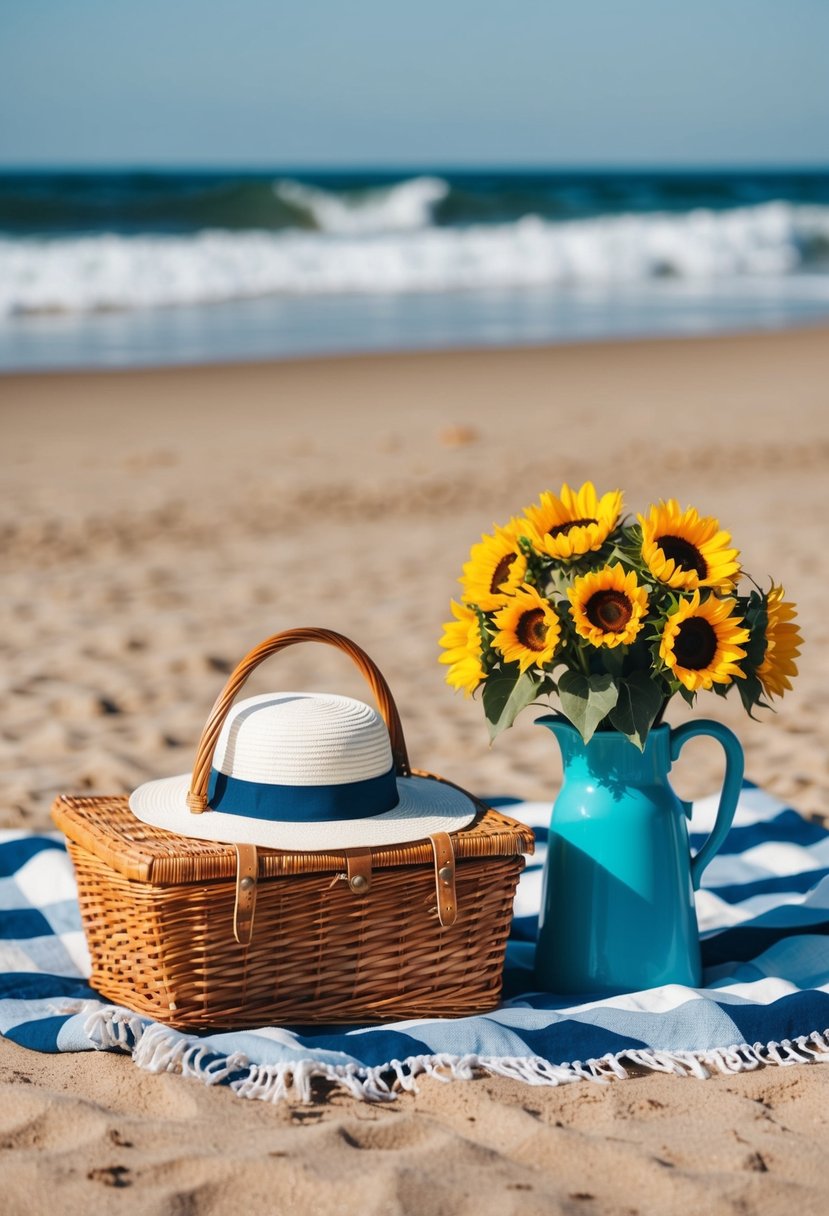 A picnic blanket with a wicker basket, sun hat, and a vase of sunflowers, set against a backdrop of a sandy beach and rolling ocean waves