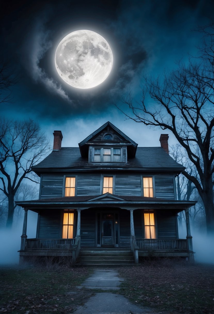 A full moon illuminates a decrepit haunted house surrounded by bare trees and swirling mist. Eerie lights flicker in the windows, casting ominous shadows