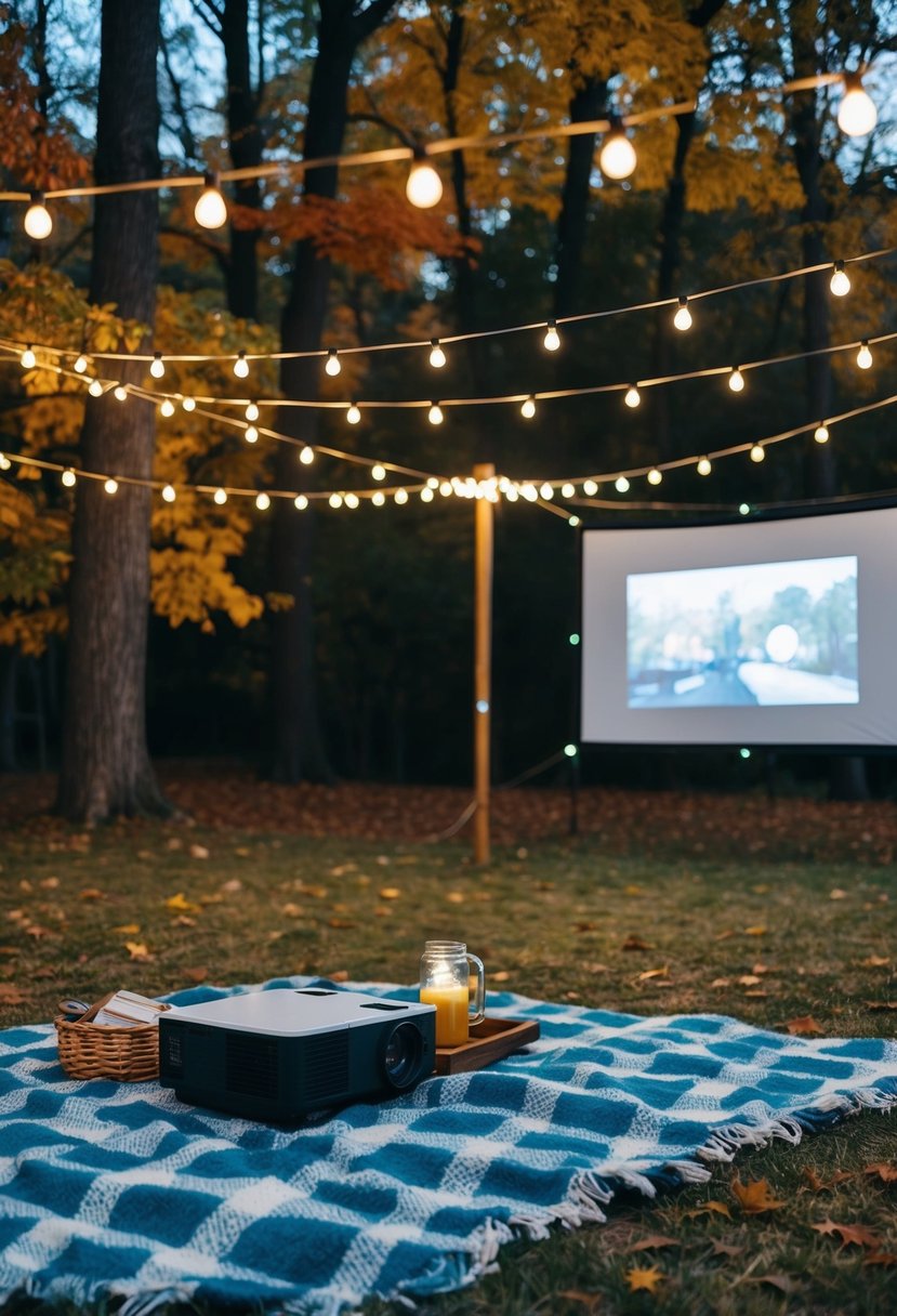 A blanket-covered picnic area under string lights, with a projector showing a movie against a backdrop of autumn foliage