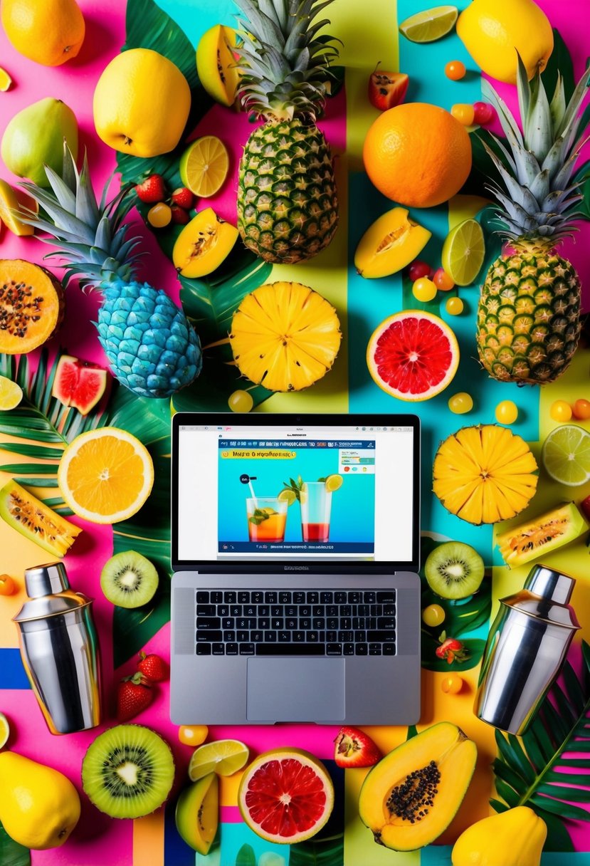 A colorful array of tropical fruits, cocktail shakers, and garnishes arranged on a vibrant summer-themed backdrop, with a laptop displaying a virtual cocktail-making class