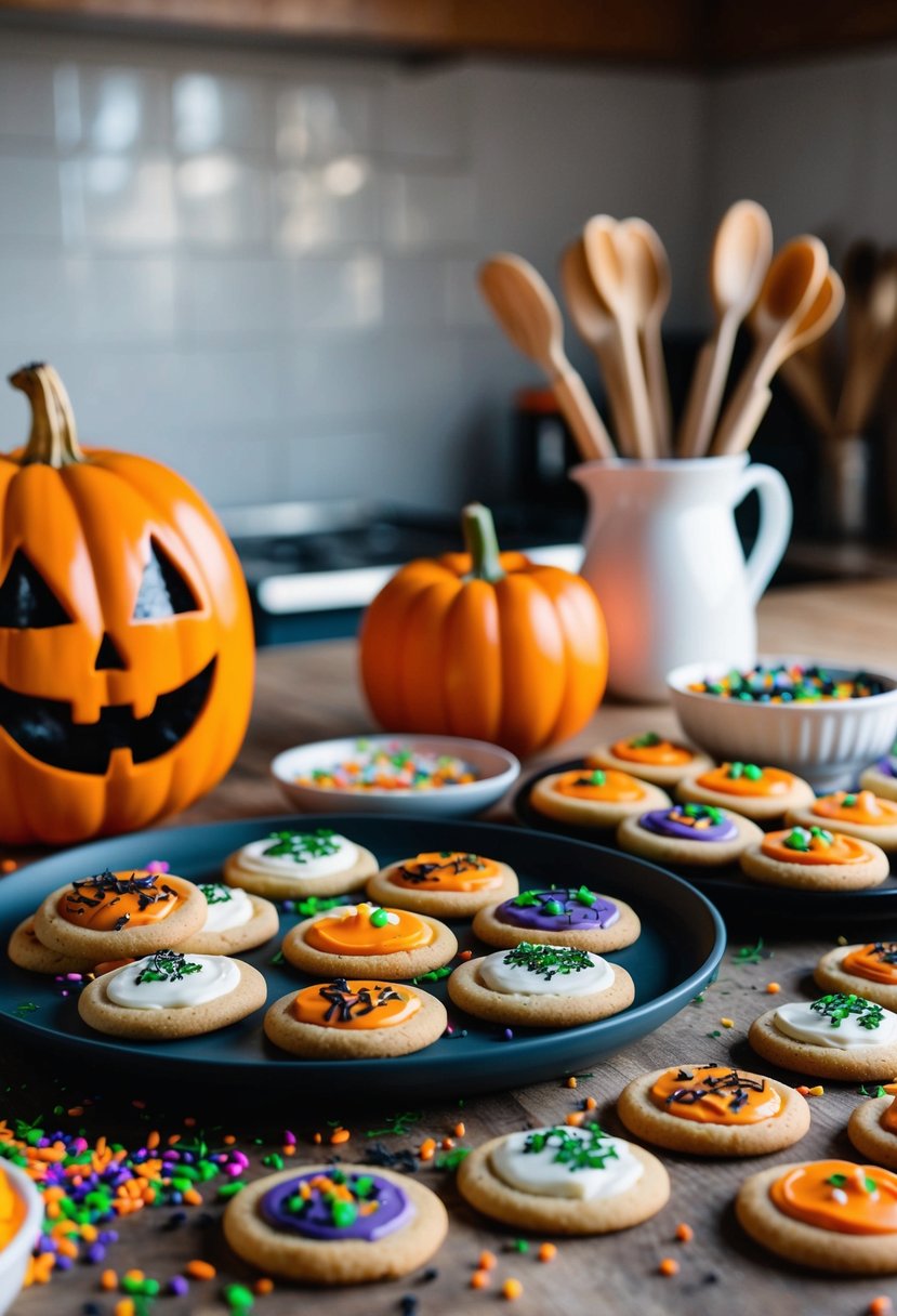 A cozy kitchen table with freshly baked Halloween-themed cookies and an assortment of colorful icing and sprinkles ready for decorating