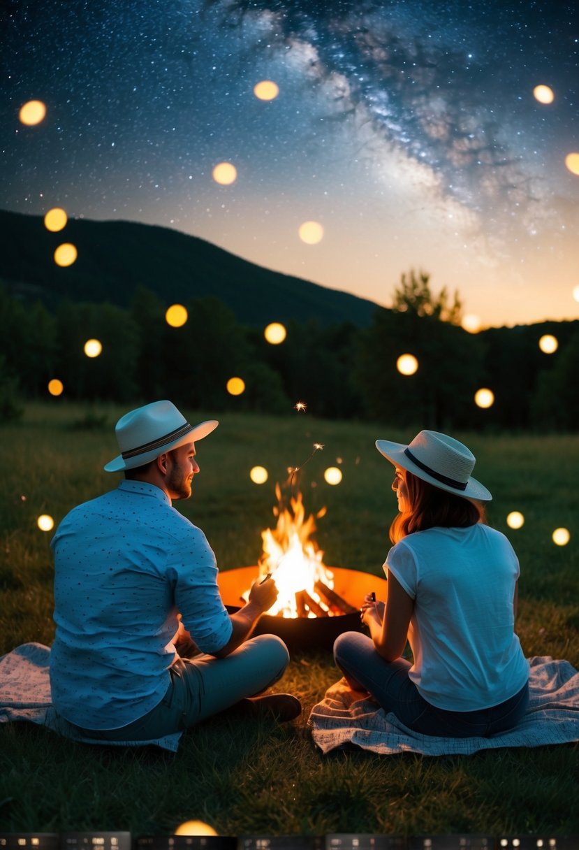 A couple paints summer landscapes under a starry sky, surrounded by virtual fireflies and a warm, glowing campfire