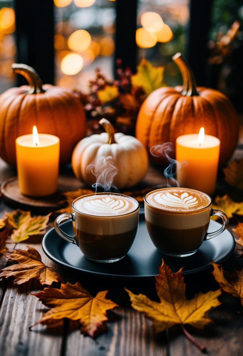 A cozy table set with two steaming pumpkin spice lattes, surrounded by autumn leaves and warm candlelight