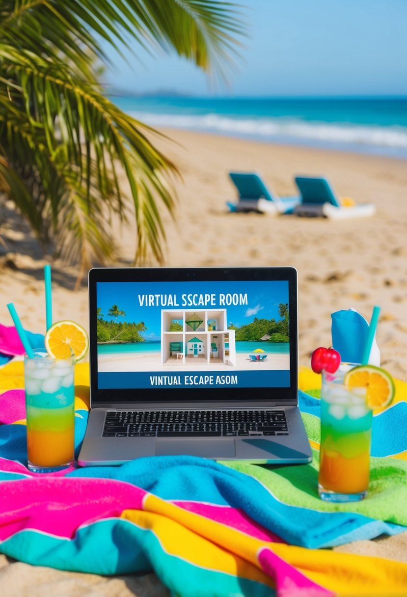 A colorful beach scene with a virtual escape room set up on a laptop, surrounded by tropical drinks and beach towels