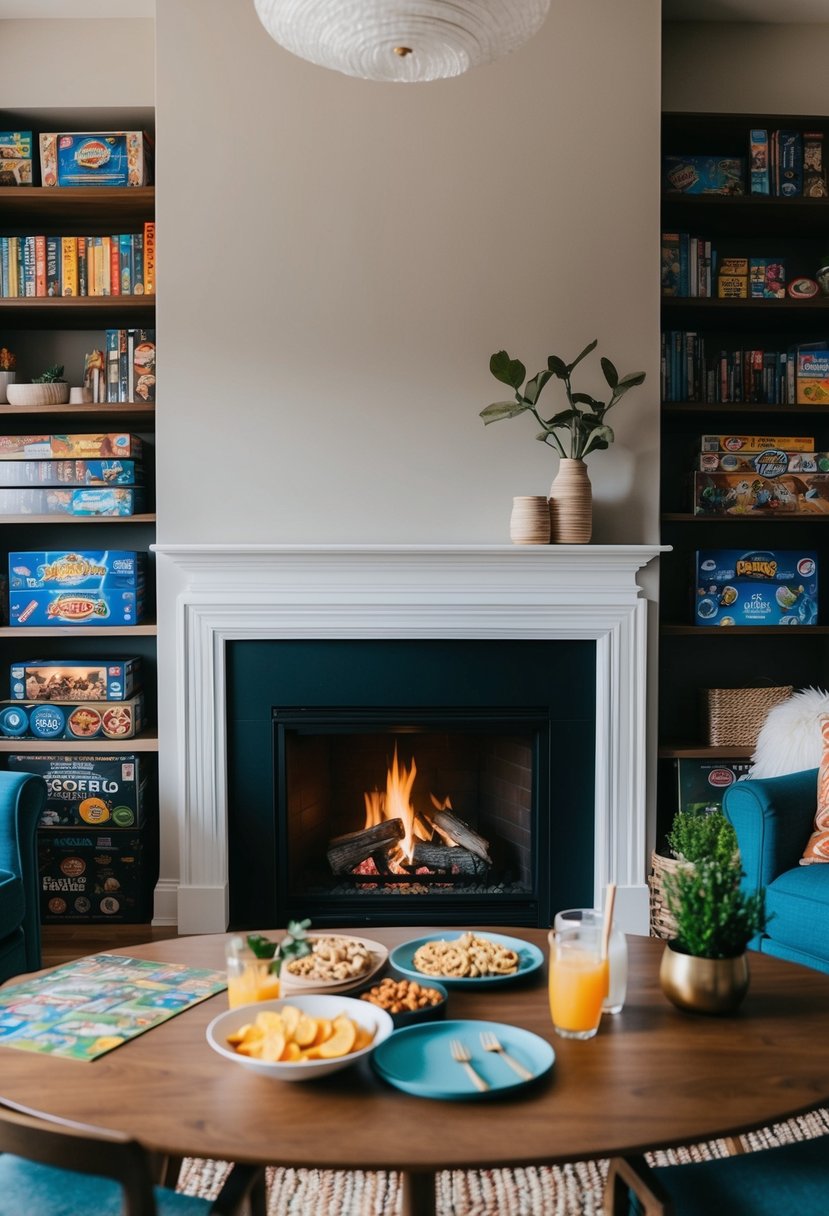 A cozy living room with a crackling fire, shelves of board games, and a table set for two with snacks and drinks