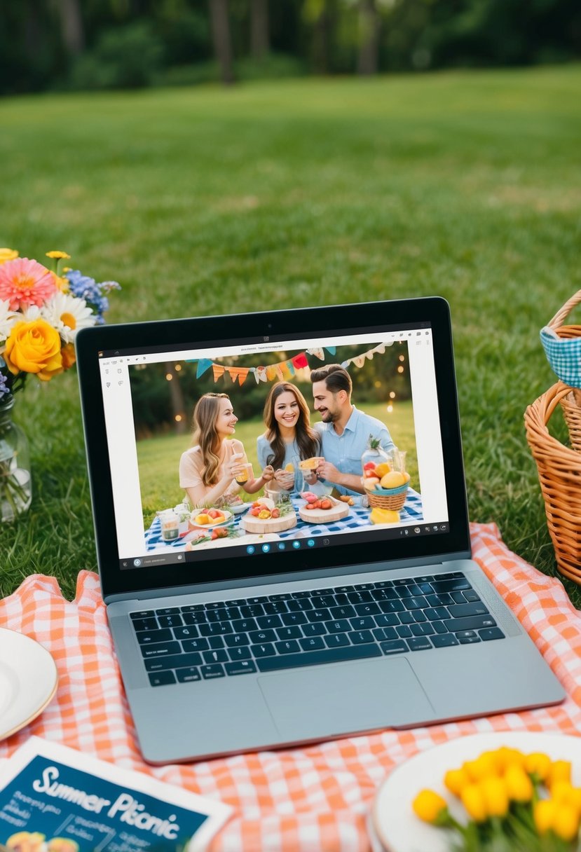 A virtual picnic scene with a laptop, summer recipes, and summer-themed decorations for a couple's date