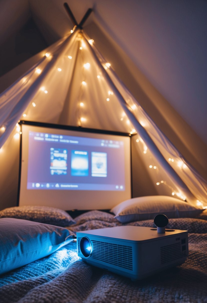 A cozy pillow fort with fairy lights, blankets, and a projector showing movies