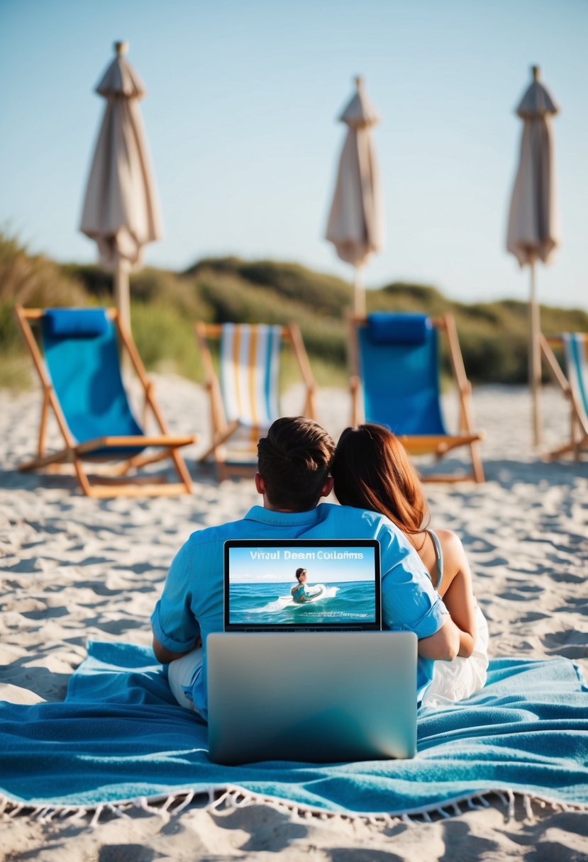 A couple lounges on a beach blanket, watching a virtual ocean documentary on a laptop, surrounded by beach chairs and umbrellas