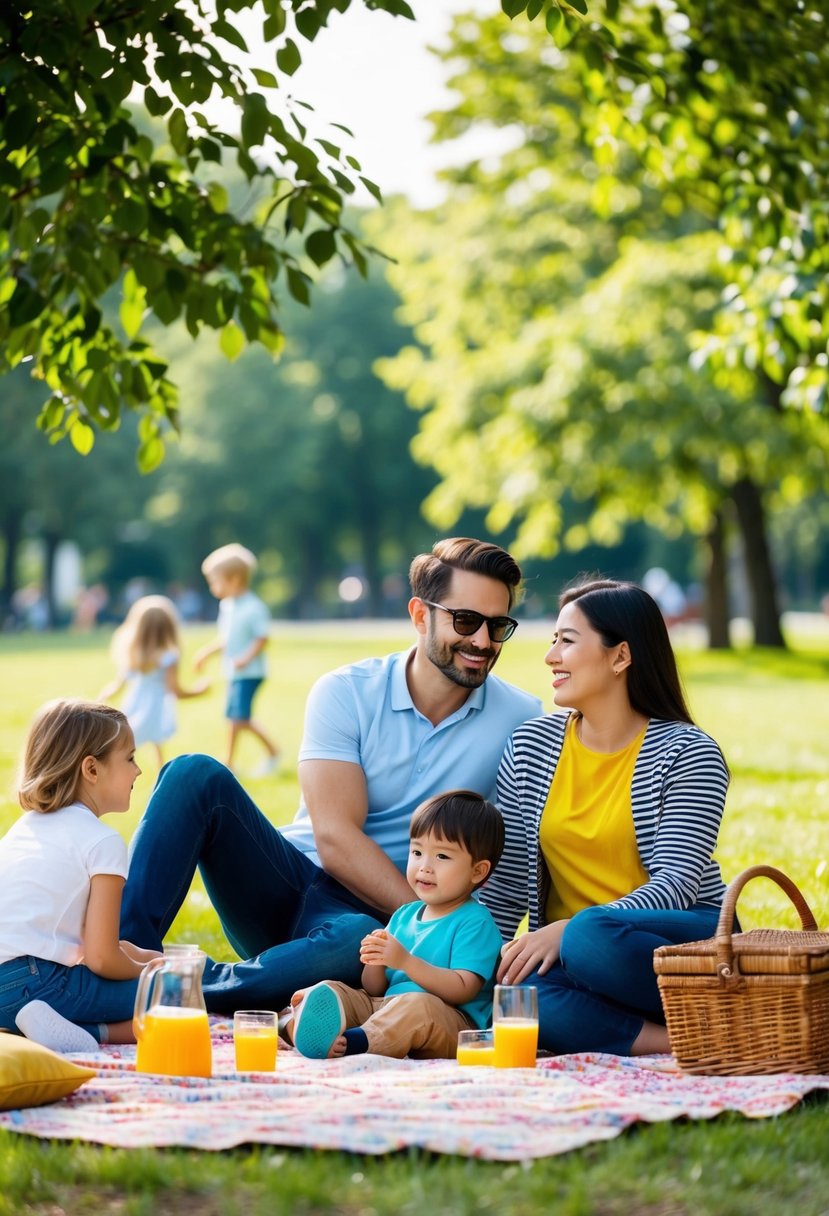 A couple with kids enjoying a picnic in a park, surrounded by greenery and a serene atmosphere. The children are playing nearby while the parents relax and enjoy each other's company