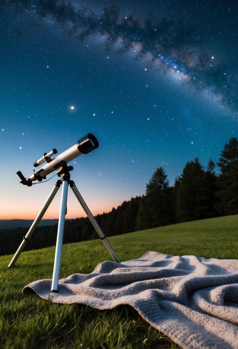 A cozy blanket spread out on a grassy hill, with a telescope pointed towards a clear night sky filled with twinkling stars