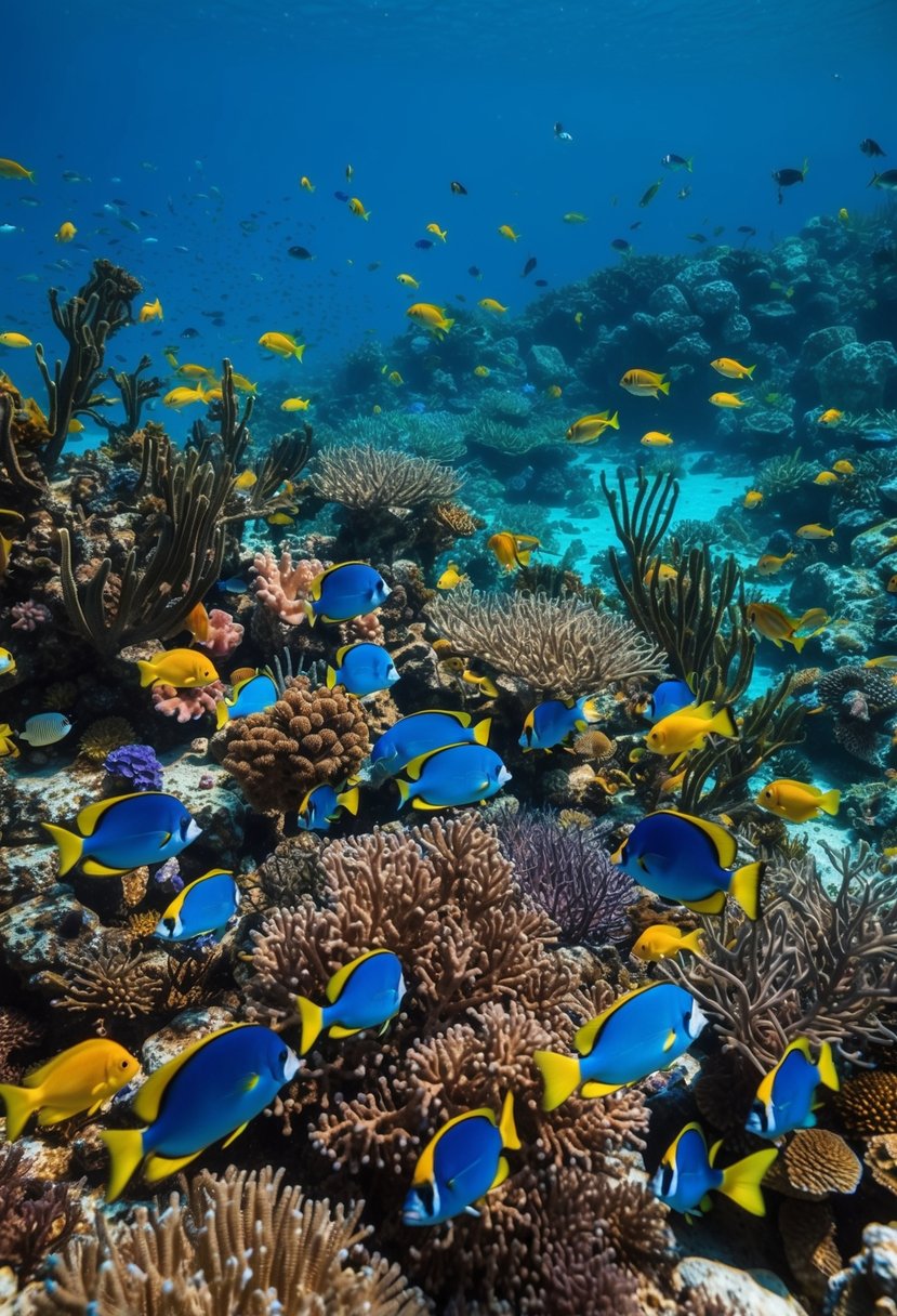 A colorful coral reef teeming with tropical fish and swaying sea plants, surrounded by crystal-clear, turquoise water